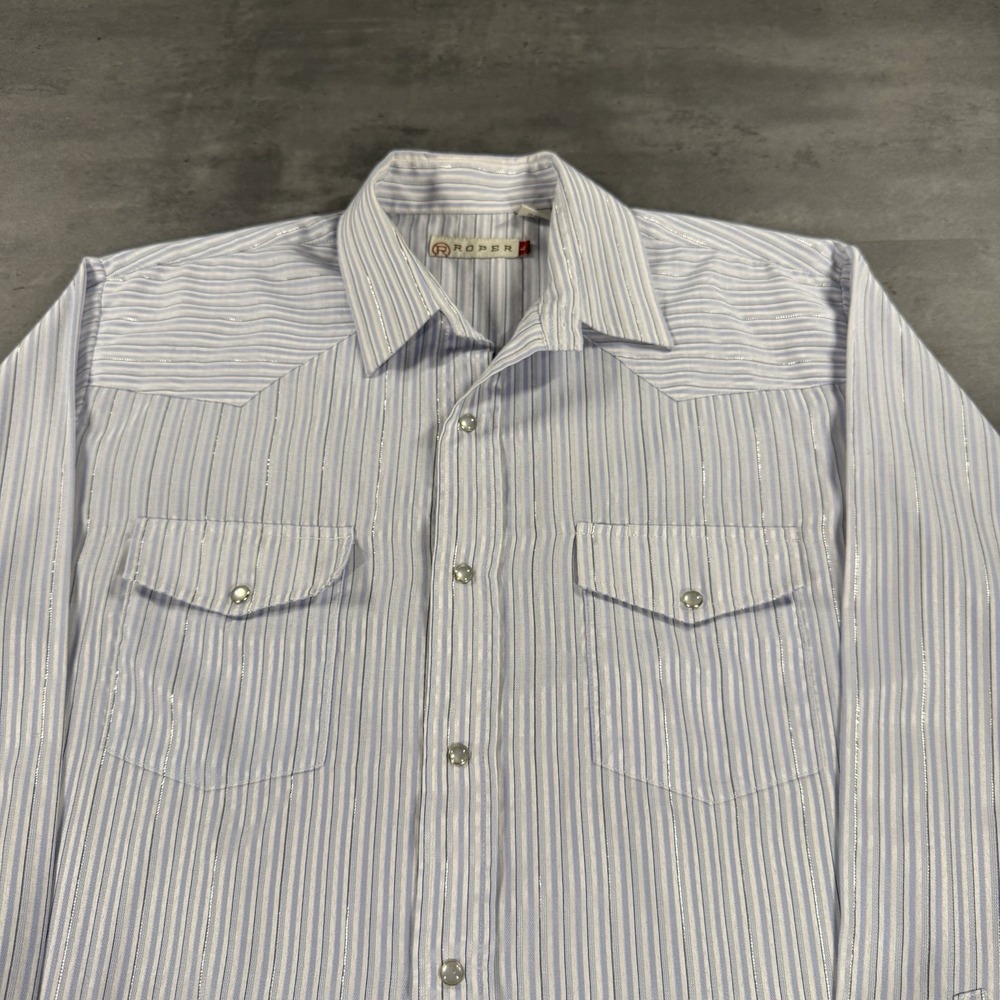 Vintage Roper Western Shirt Men L Blue White Silver Metallic Pearl Snap Cowboy